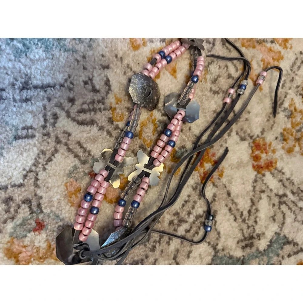 Pink Beaded Butterfly Concho Belt Silver Tone Western Boho Suede Tie‎ Adjustable